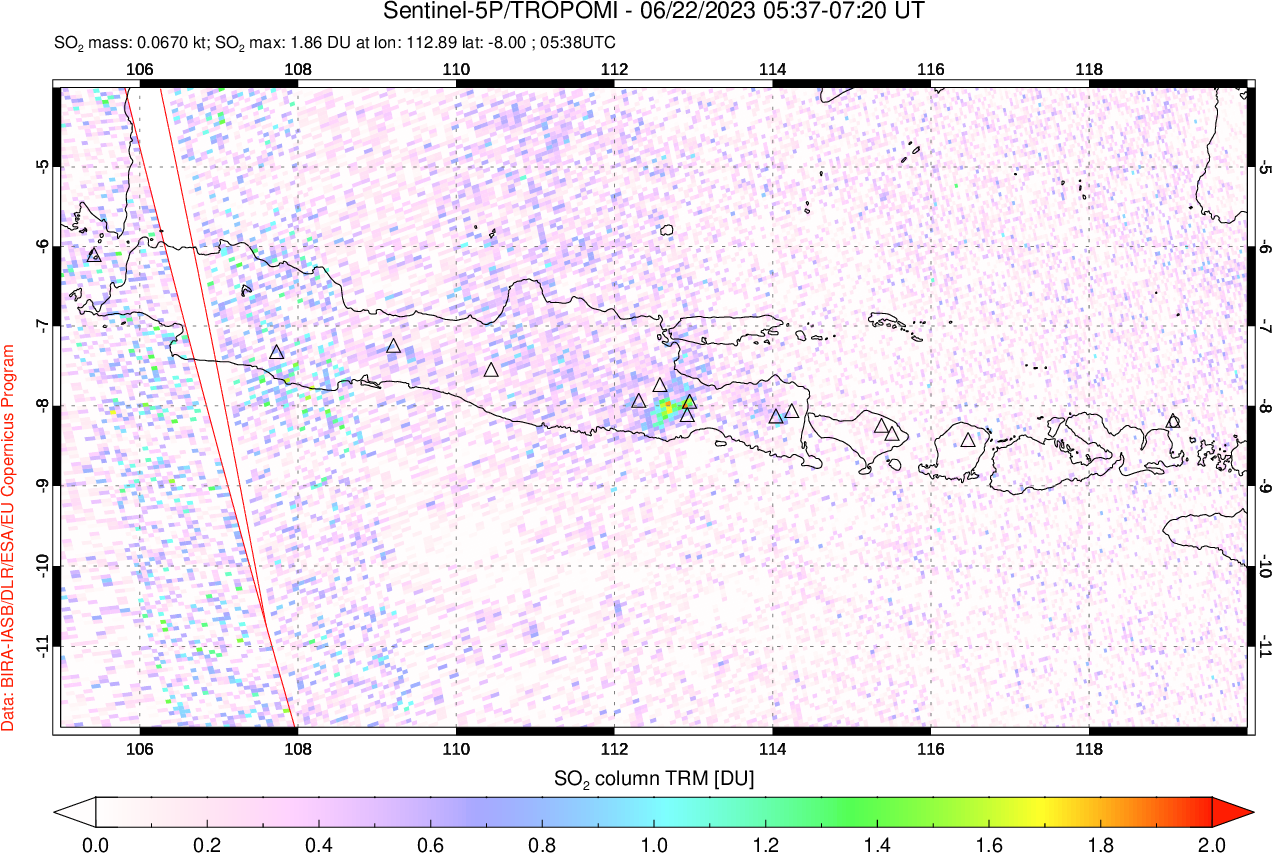 A sulfur dioxide image over Java, Indonesia on Jun 22, 2023.