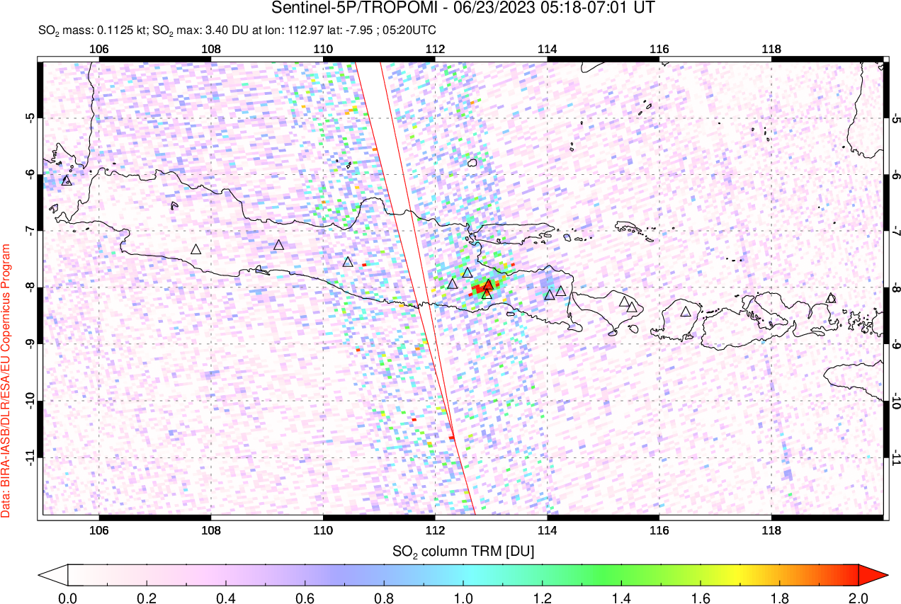 A sulfur dioxide image over Java, Indonesia on Jun 23, 2023.