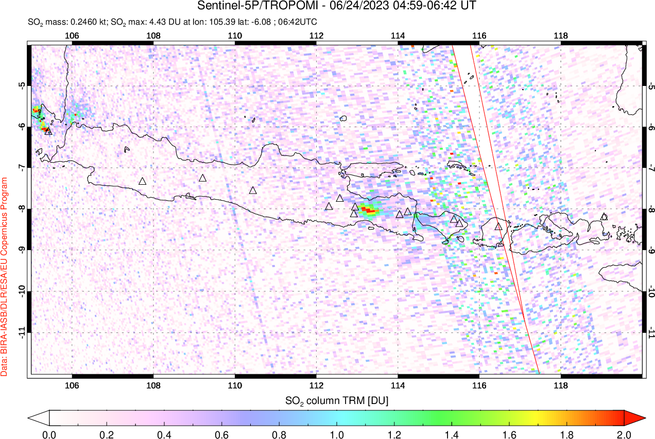 A sulfur dioxide image over Java, Indonesia on Jun 24, 2023.