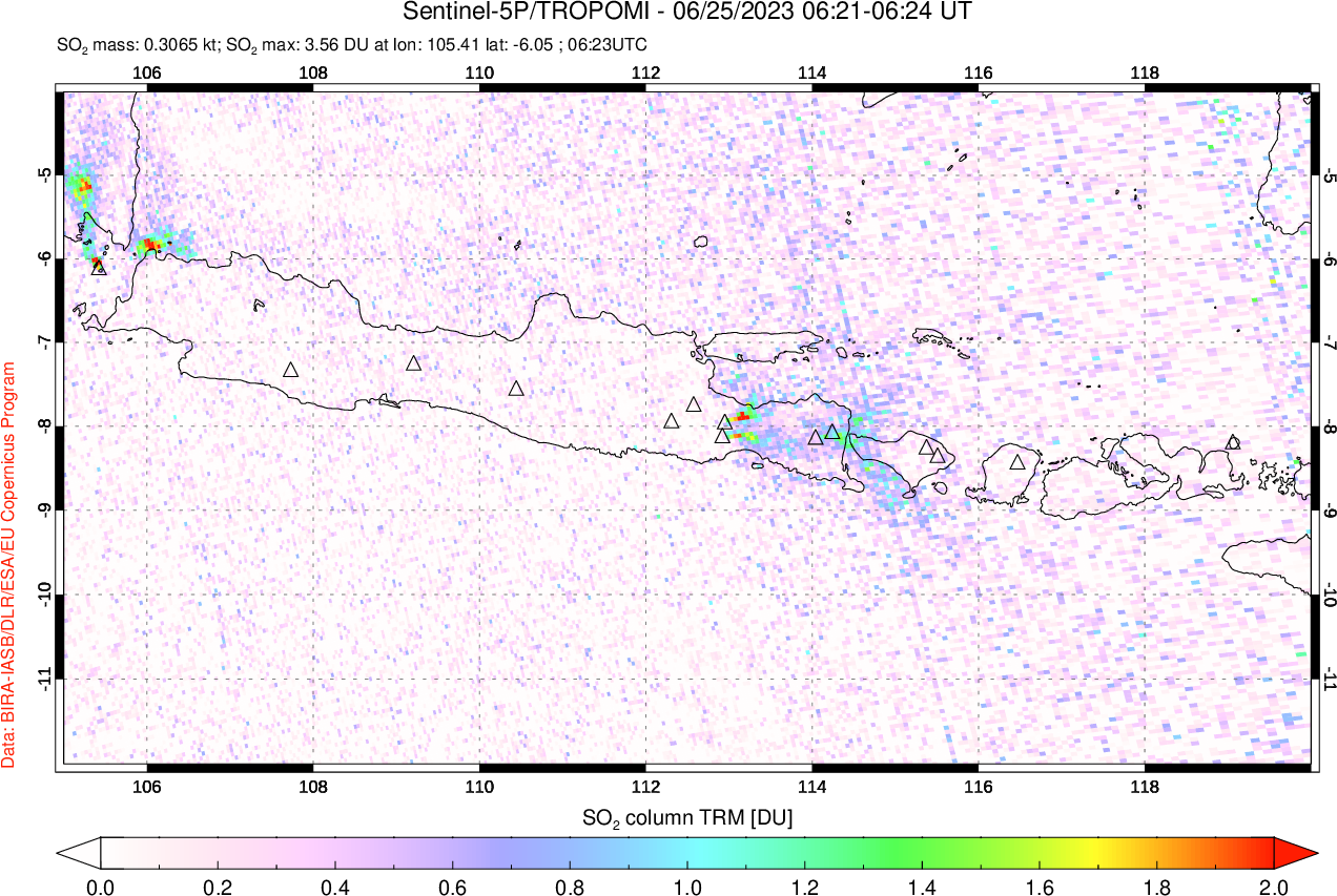 A sulfur dioxide image over Java, Indonesia on Jun 25, 2023.