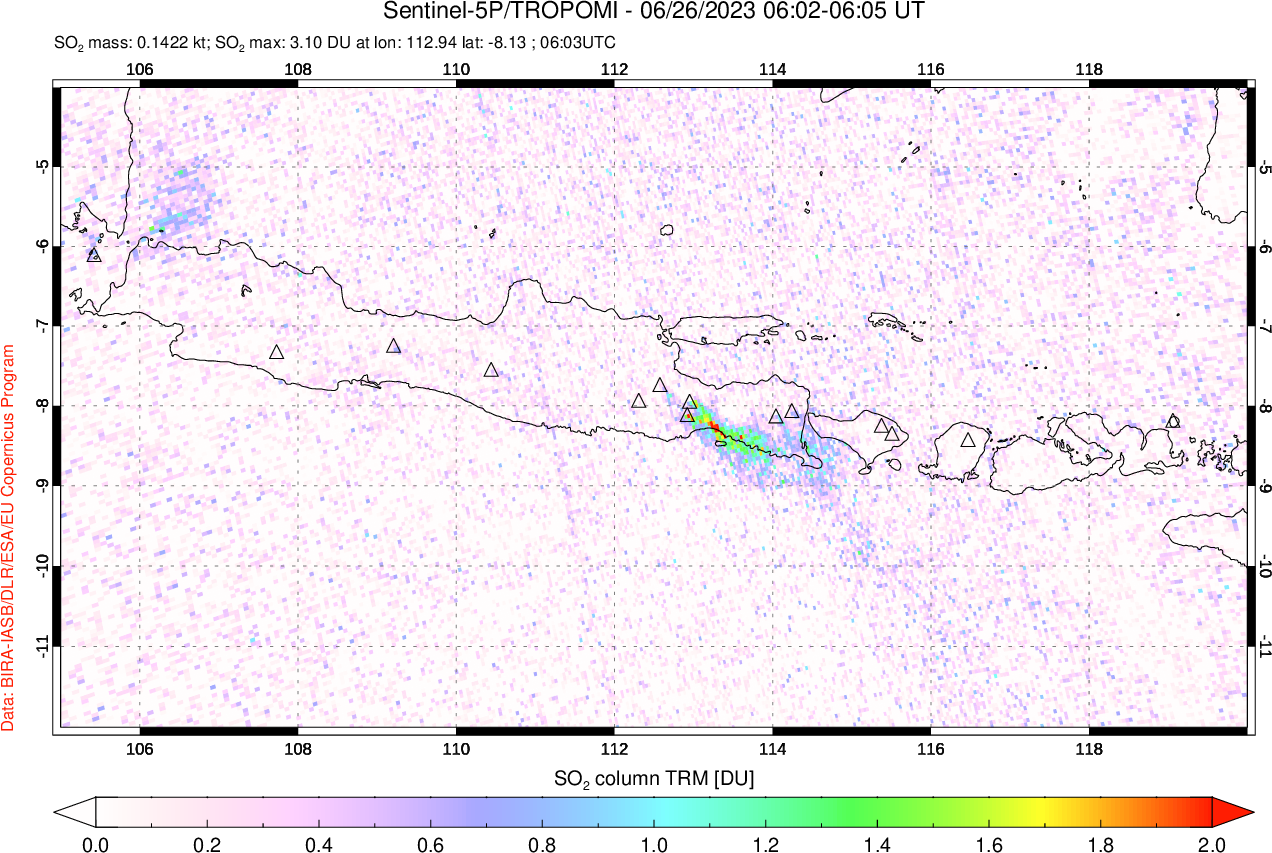 A sulfur dioxide image over Java, Indonesia on Jun 26, 2023.