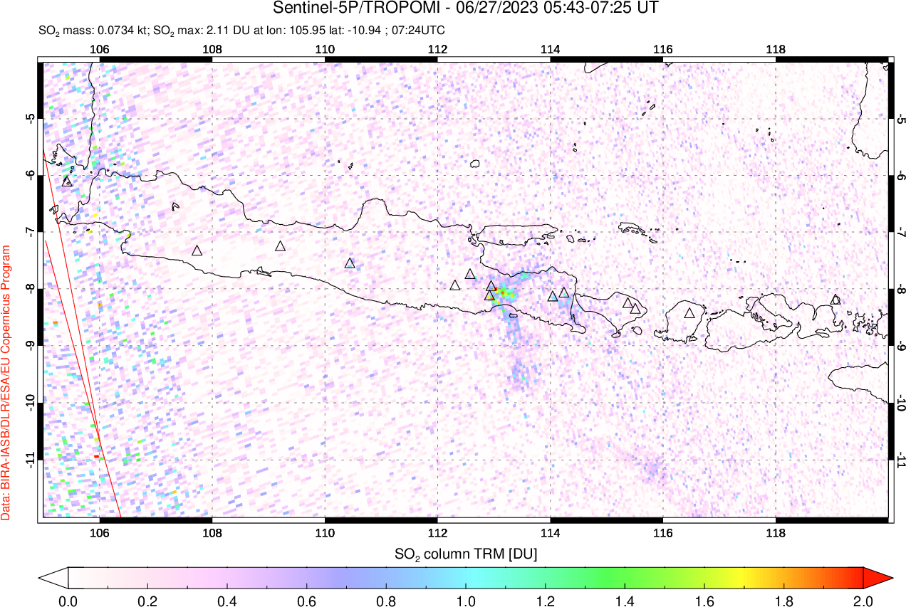 A sulfur dioxide image over Java, Indonesia on Jun 27, 2023.