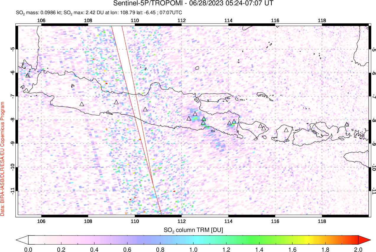 A sulfur dioxide image over Java, Indonesia on Jun 28, 2023.