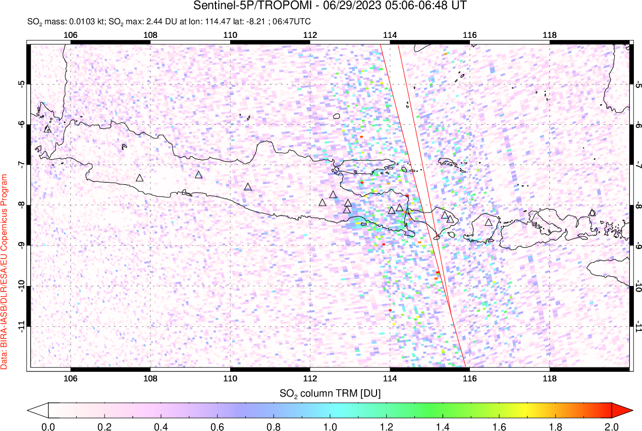 A sulfur dioxide image over Java, Indonesia on Jun 29, 2023.