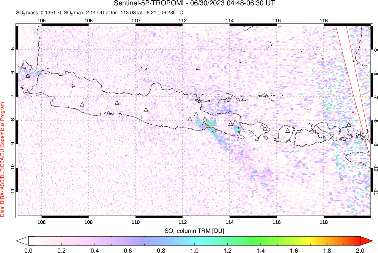 A sulfur dioxide image over Java, Indonesia on Jun 30, 2023.
