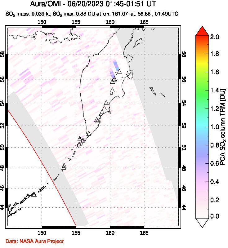 A sulfur dioxide image over Kamchatka, Russian Federation on Jun 20, 2023.