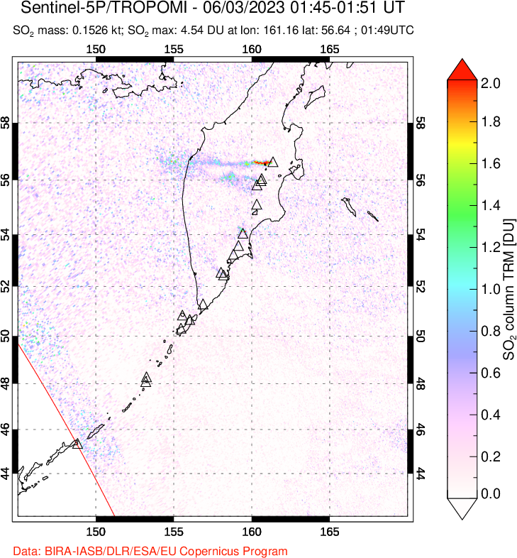 A sulfur dioxide image over Kamchatka, Russian Federation on Jun 03, 2023.
