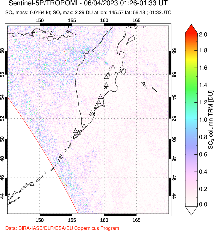 A sulfur dioxide image over Kamchatka, Russian Federation on Jun 04, 2023.