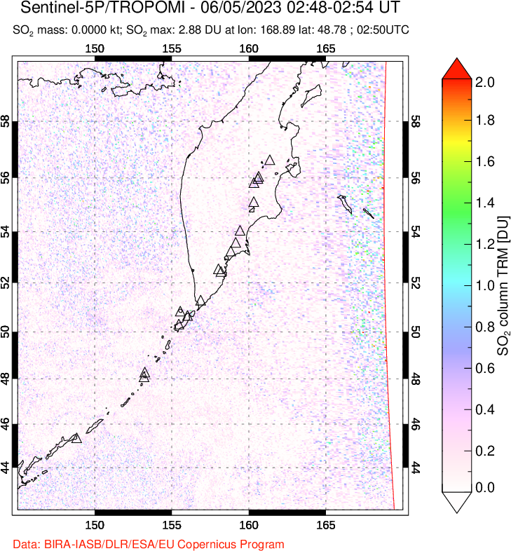 A sulfur dioxide image over Kamchatka, Russian Federation on Jun 05, 2023.