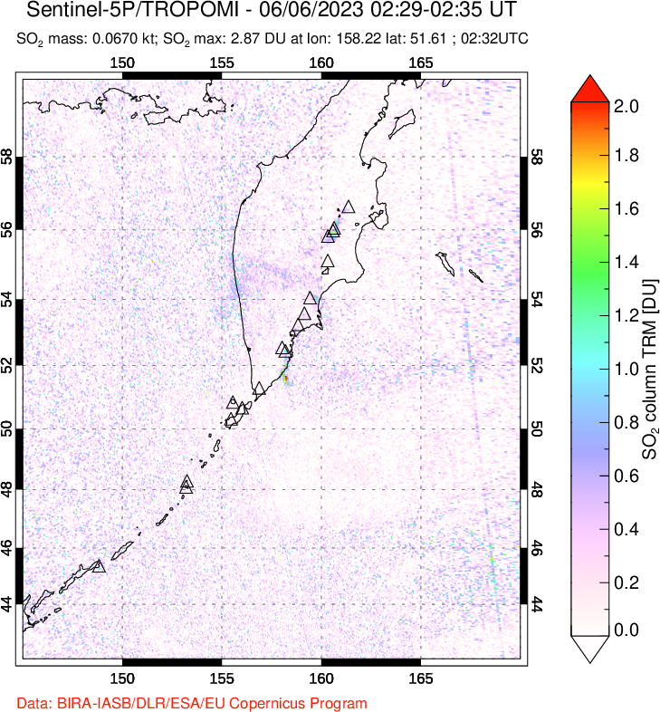A sulfur dioxide image over Kamchatka, Russian Federation on Jun 06, 2023.