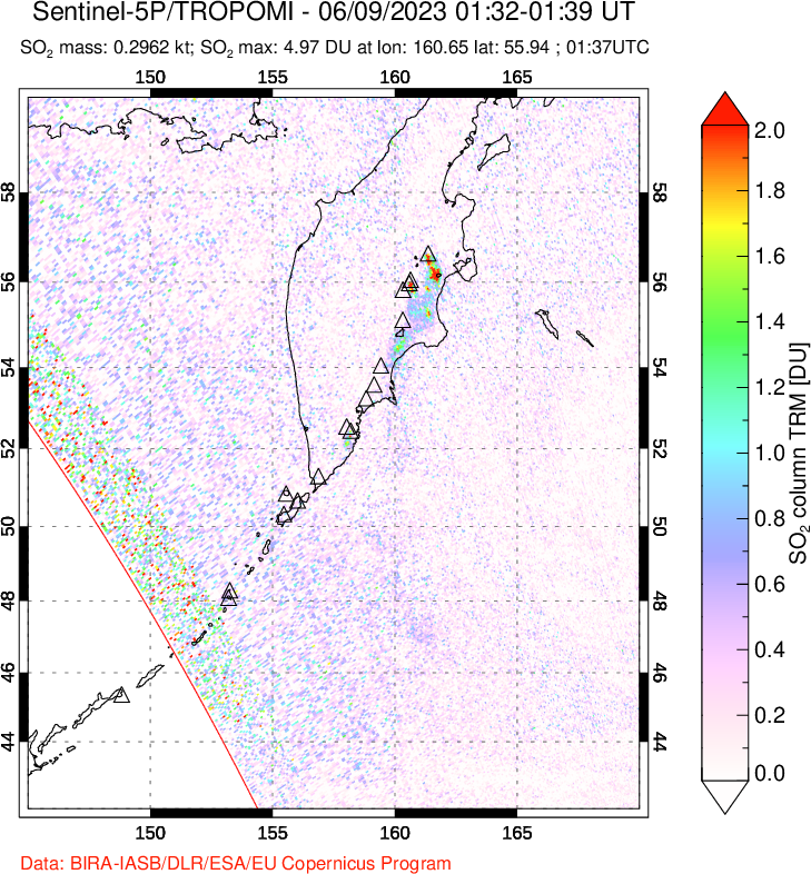A sulfur dioxide image over Kamchatka, Russian Federation on Jun 09, 2023.