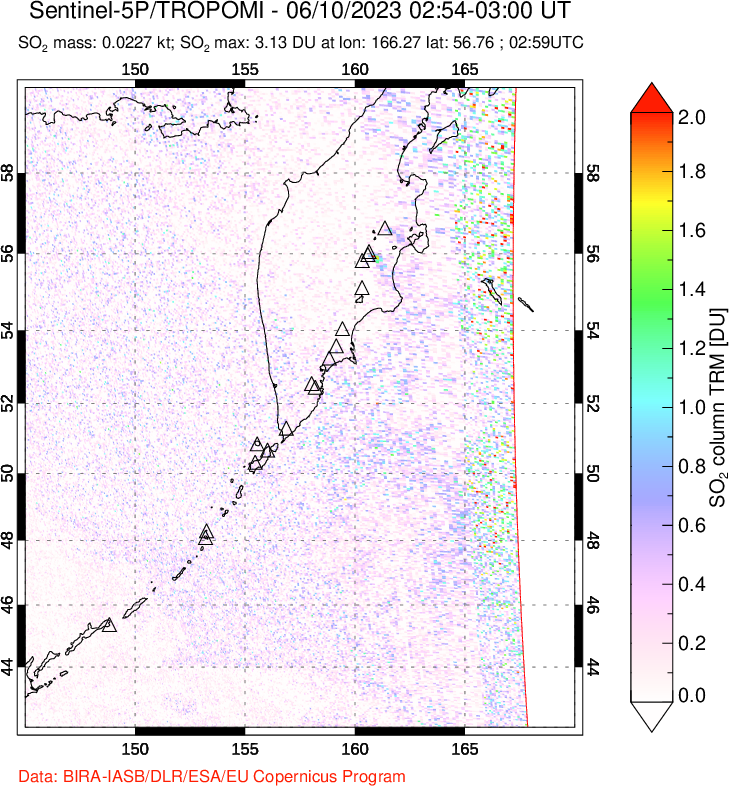 A sulfur dioxide image over Kamchatka, Russian Federation on Jun 10, 2023.