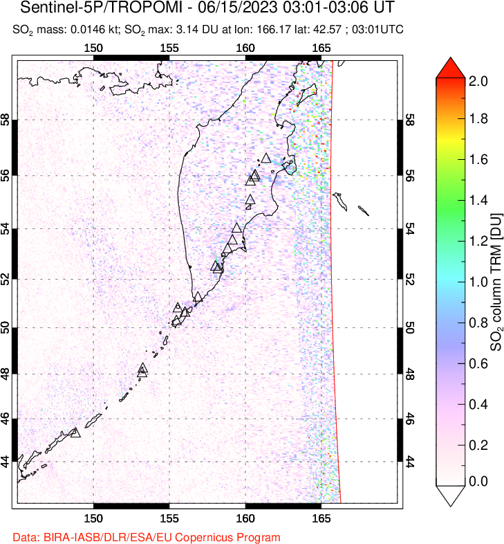 A sulfur dioxide image over Kamchatka, Russian Federation on Jun 15, 2023.