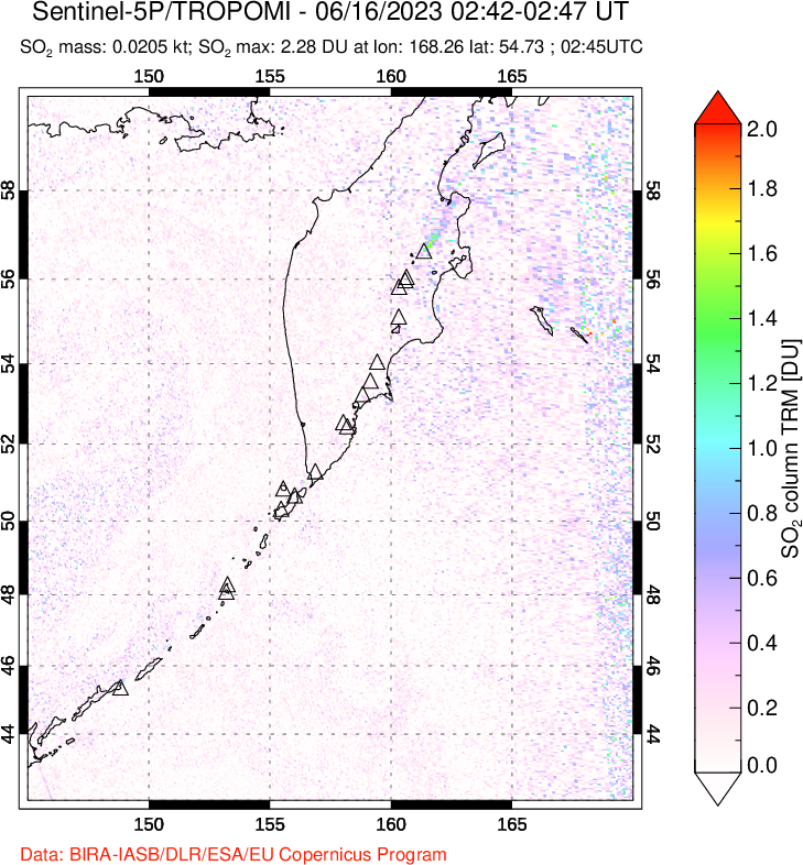 A sulfur dioxide image over Kamchatka, Russian Federation on Jun 16, 2023.