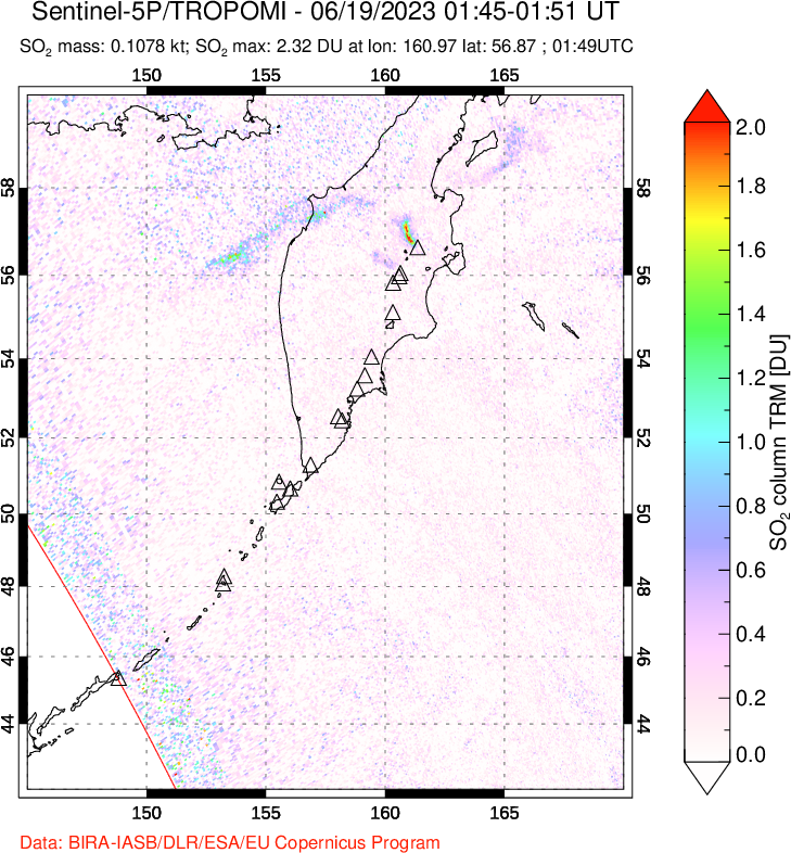 A sulfur dioxide image over Kamchatka, Russian Federation on Jun 19, 2023.
