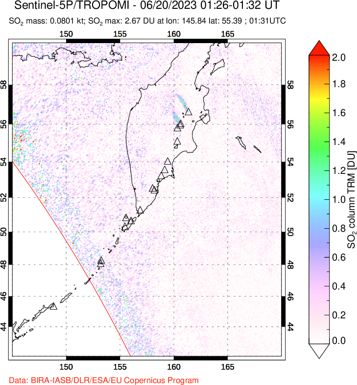 A sulfur dioxide image over Kamchatka, Russian Federation on Jun 20, 2023.