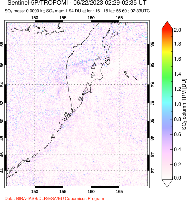 A sulfur dioxide image over Kamchatka, Russian Federation on Jun 22, 2023.