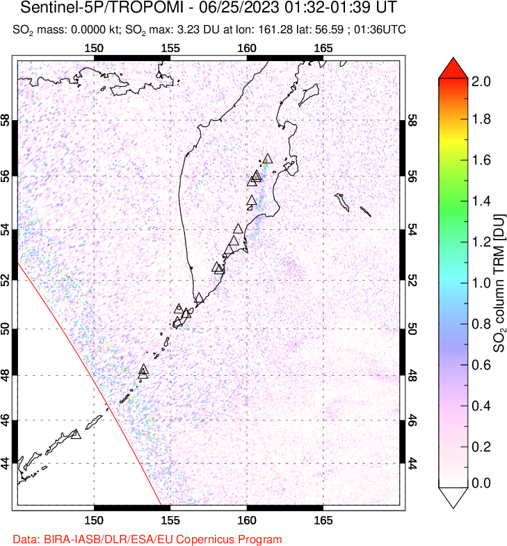 A sulfur dioxide image over Kamchatka, Russian Federation on Jun 25, 2023.