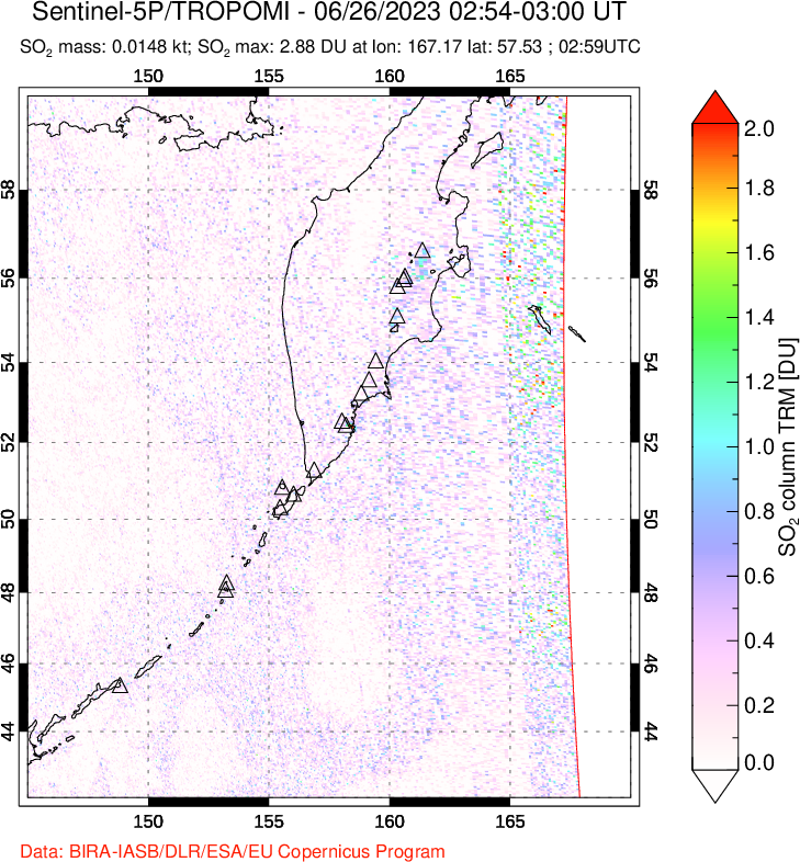 A sulfur dioxide image over Kamchatka, Russian Federation on Jun 26, 2023.