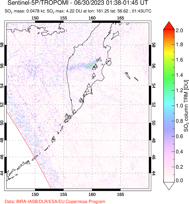 A sulfur dioxide image over Kamchatka, Russian Federation on Jun 30, 2023.