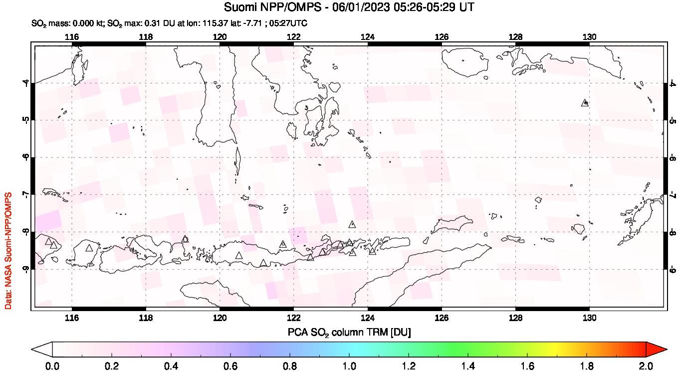 A sulfur dioxide image over Lesser Sunda Islands, Indonesia on Jun 01, 2023.