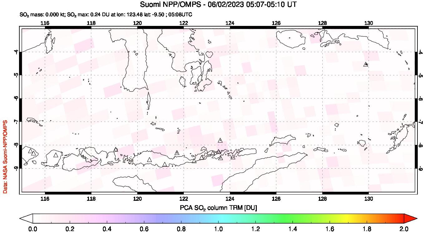 A sulfur dioxide image over Lesser Sunda Islands, Indonesia on Jun 02, 2023.