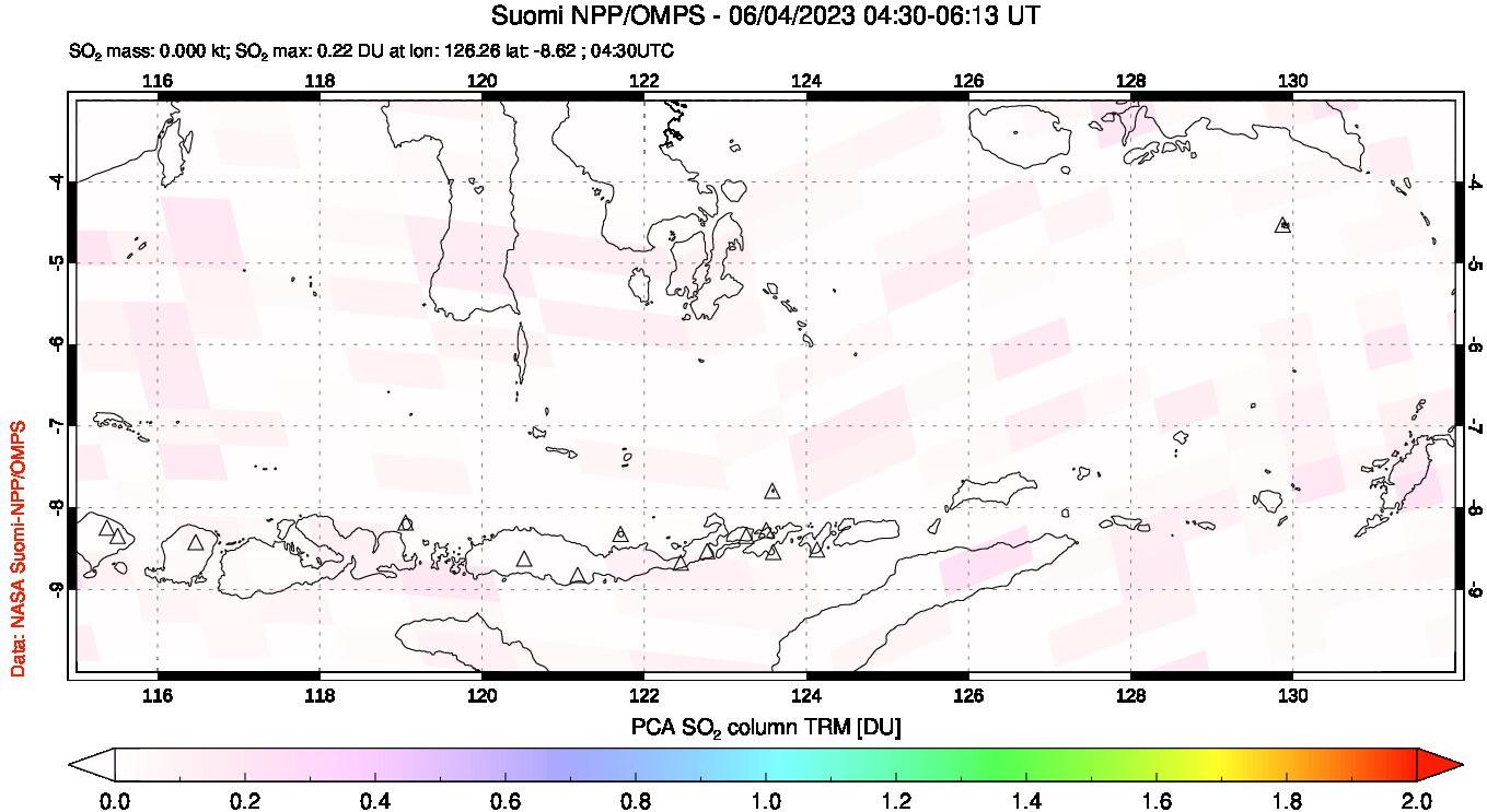 A sulfur dioxide image over Lesser Sunda Islands, Indonesia on Jun 04, 2023.