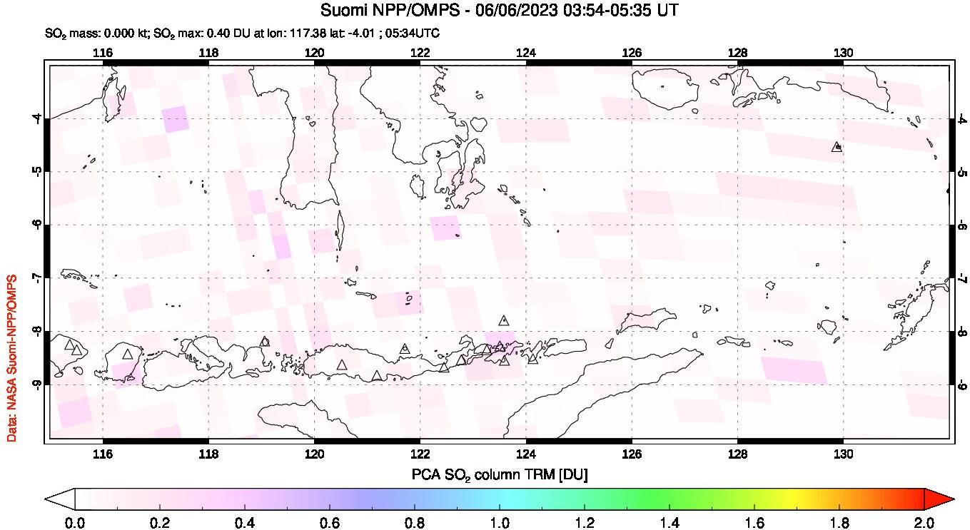 A sulfur dioxide image over Lesser Sunda Islands, Indonesia on Jun 06, 2023.