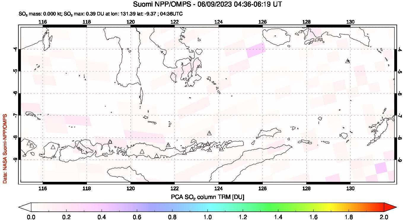 A sulfur dioxide image over Lesser Sunda Islands, Indonesia on Jun 09, 2023.