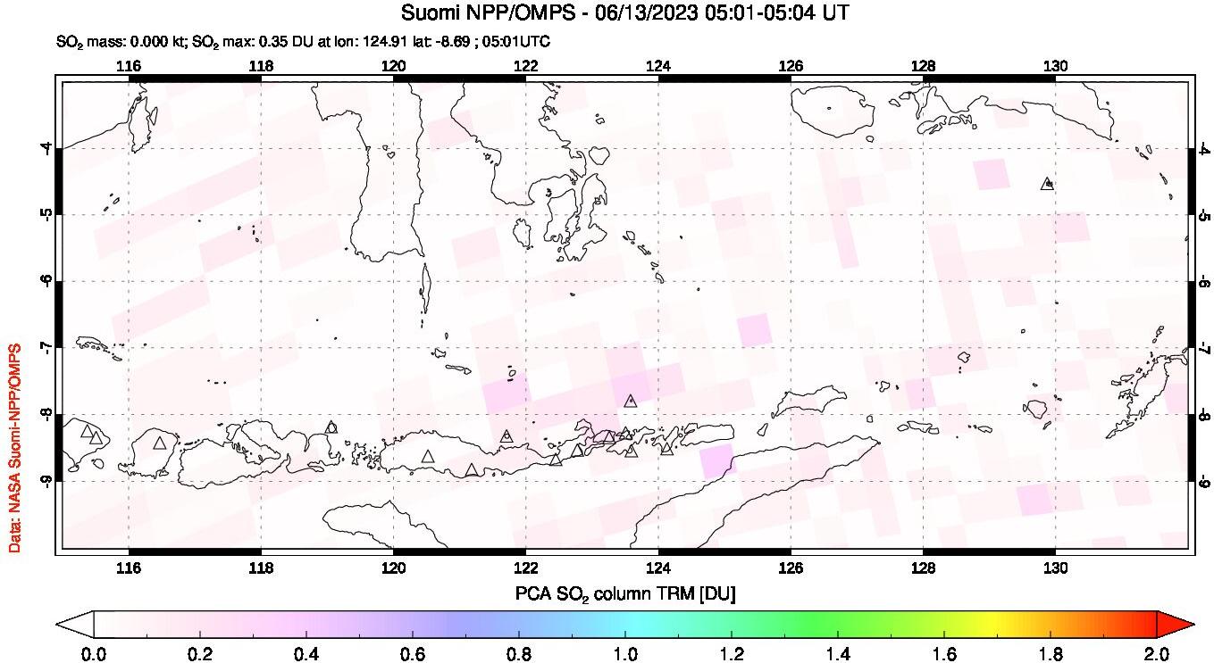 A sulfur dioxide image over Lesser Sunda Islands, Indonesia on Jun 13, 2023.
