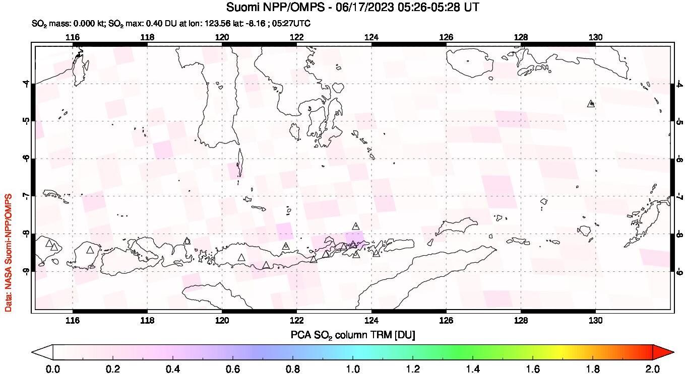 A sulfur dioxide image over Lesser Sunda Islands, Indonesia on Jun 17, 2023.