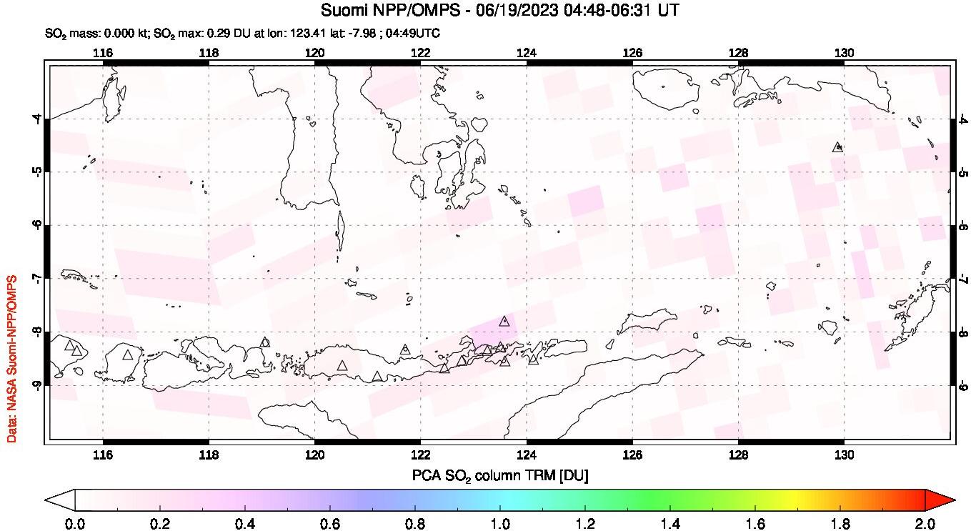 A sulfur dioxide image over Lesser Sunda Islands, Indonesia on Jun 19, 2023.