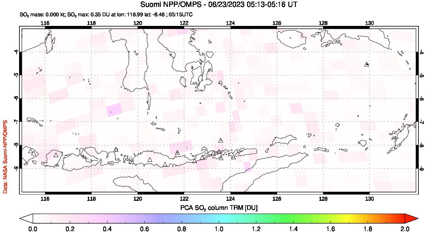 A sulfur dioxide image over Lesser Sunda Islands, Indonesia on Jun 23, 2023.