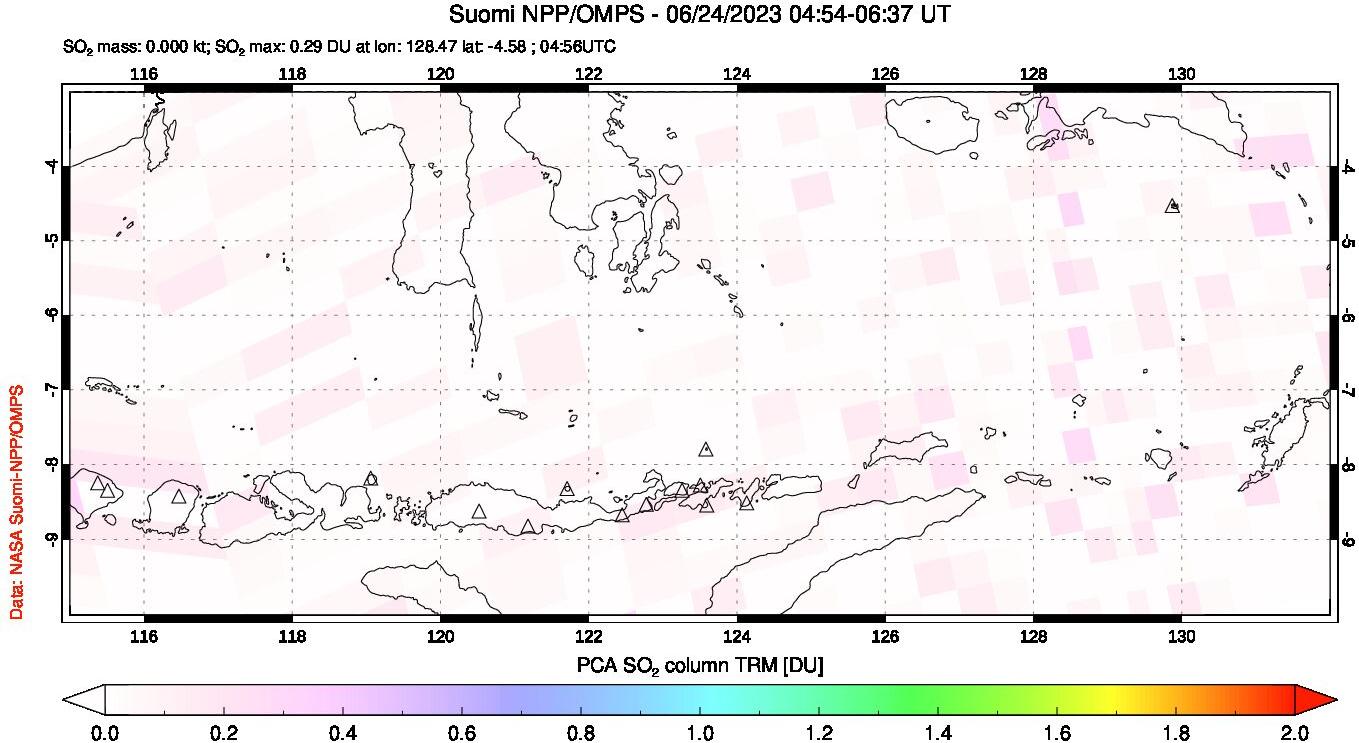 A sulfur dioxide image over Lesser Sunda Islands, Indonesia on Jun 24, 2023.