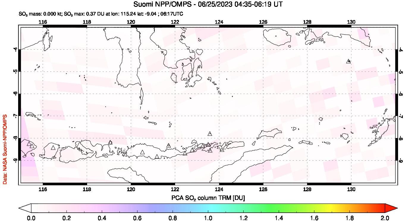 A sulfur dioxide image over Lesser Sunda Islands, Indonesia on Jun 25, 2023.