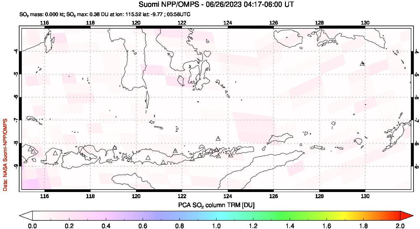 A sulfur dioxide image over Lesser Sunda Islands, Indonesia on Jun 26, 2023.