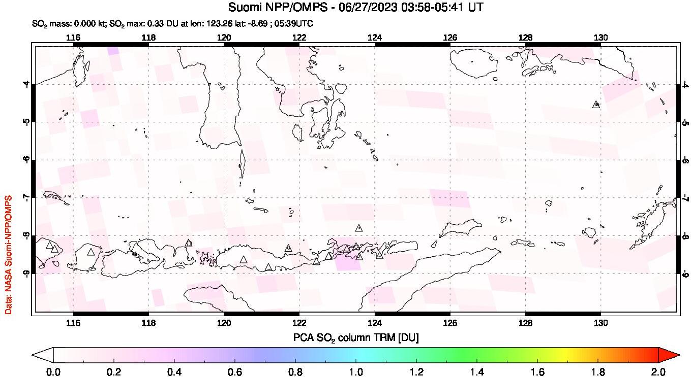 A sulfur dioxide image over Lesser Sunda Islands, Indonesia on Jun 27, 2023.
