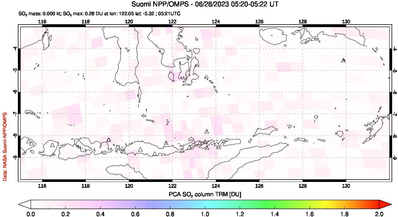 A sulfur dioxide image over Lesser Sunda Islands, Indonesia on Jun 28, 2023.