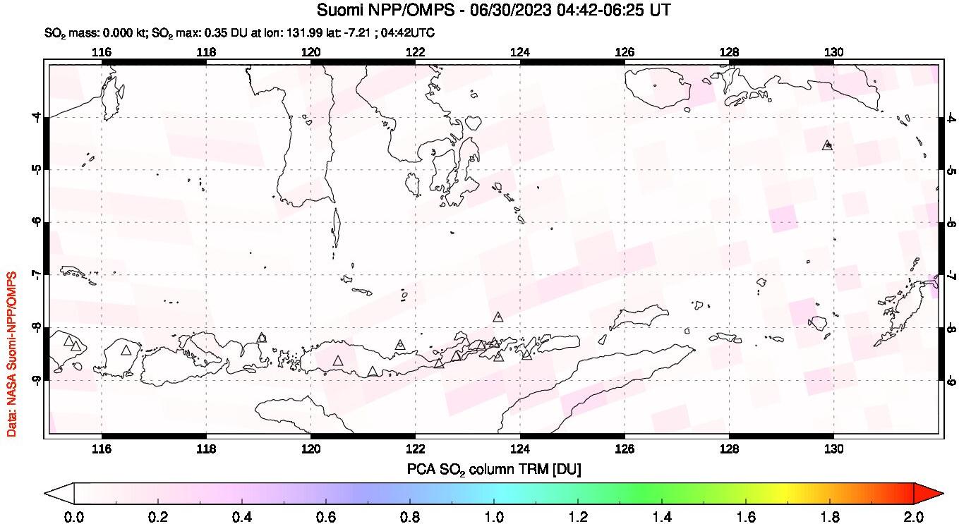 A sulfur dioxide image over Lesser Sunda Islands, Indonesia on Jun 30, 2023.