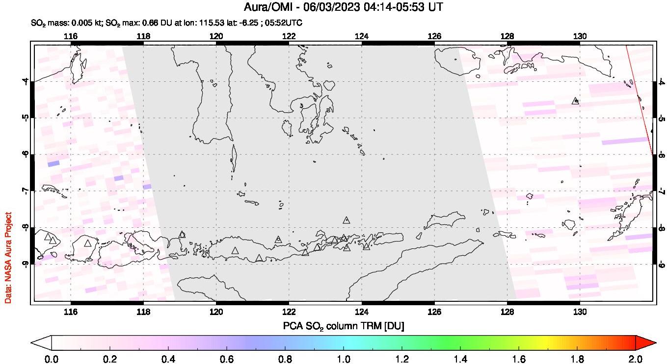 A sulfur dioxide image over Lesser Sunda Islands, Indonesia on Jun 03, 2023.