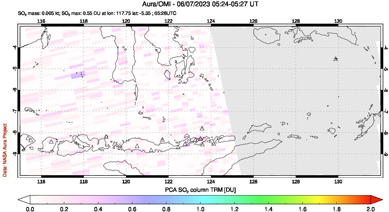A sulfur dioxide image over Lesser Sunda Islands, Indonesia on Jun 07, 2023.