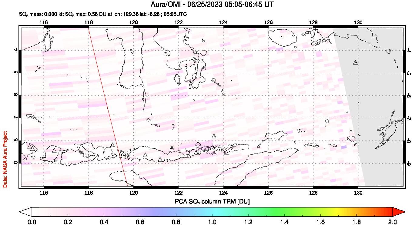 A sulfur dioxide image over Lesser Sunda Islands, Indonesia on Jun 25, 2023.
