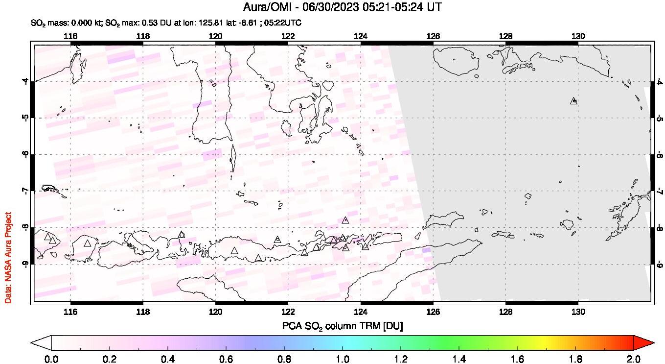 A sulfur dioxide image over Lesser Sunda Islands, Indonesia on Jun 30, 2023.