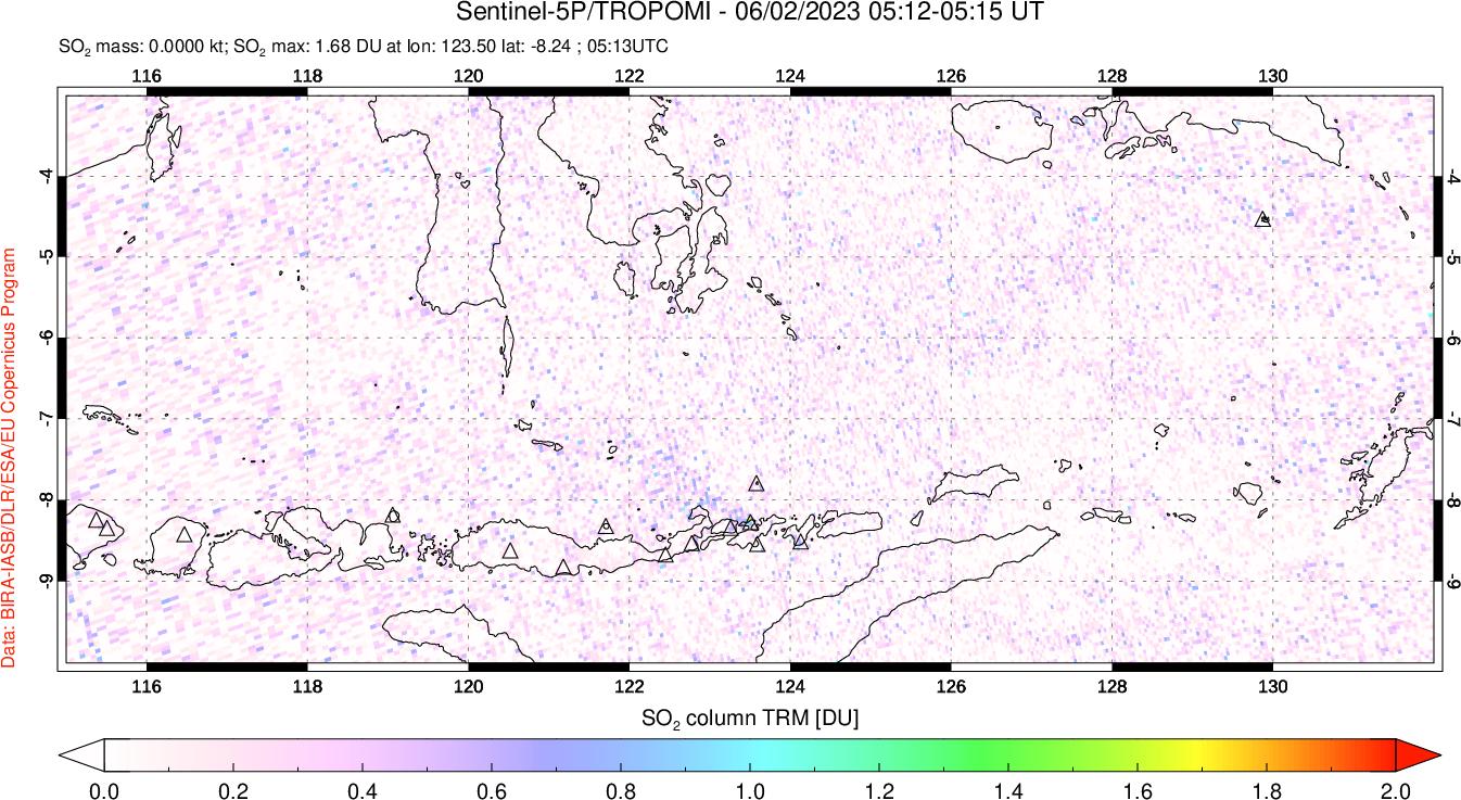 A sulfur dioxide image over Lesser Sunda Islands, Indonesia on Jun 02, 2023.