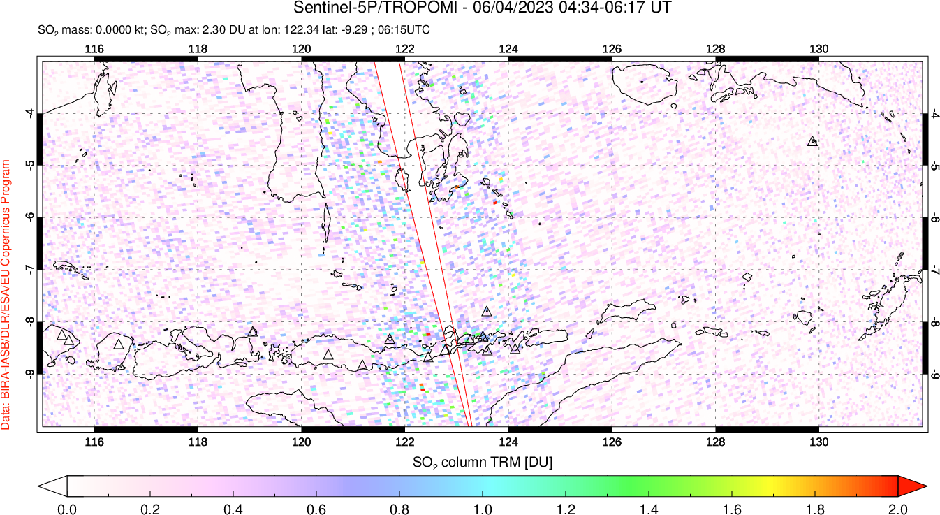 A sulfur dioxide image over Lesser Sunda Islands, Indonesia on Jun 04, 2023.