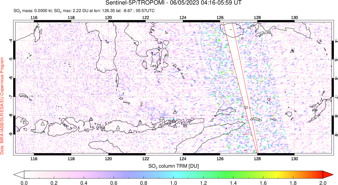 A sulfur dioxide image over Lesser Sunda Islands, Indonesia on Jun 05, 2023.