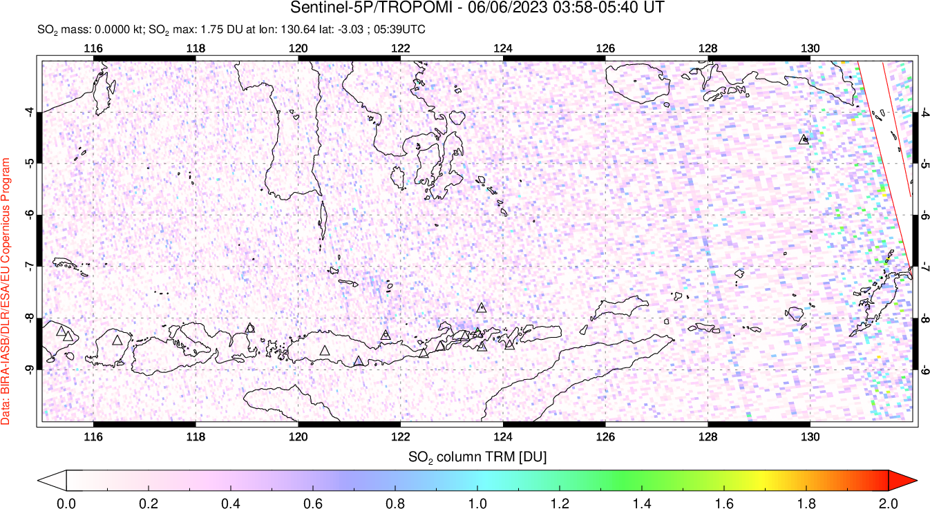 A sulfur dioxide image over Lesser Sunda Islands, Indonesia on Jun 06, 2023.