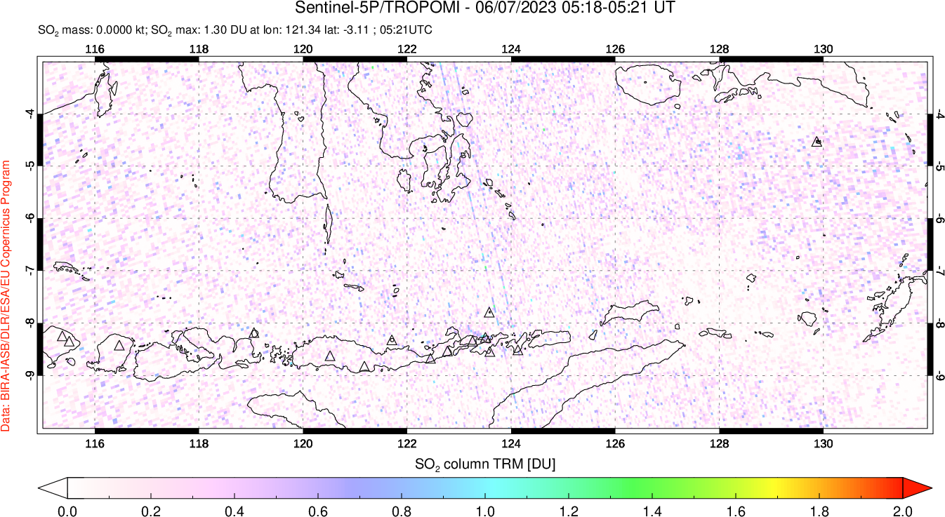 A sulfur dioxide image over Lesser Sunda Islands, Indonesia on Jun 07, 2023.