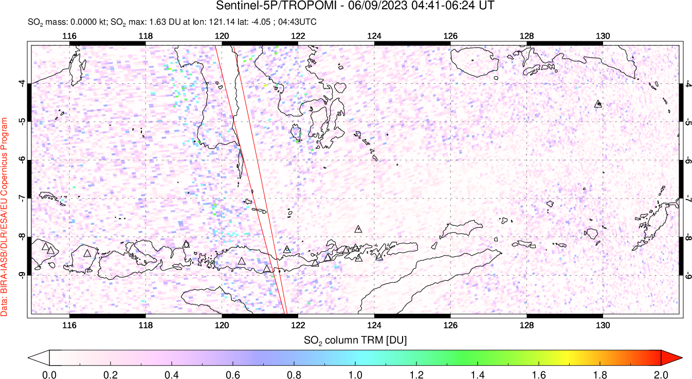 A sulfur dioxide image over Lesser Sunda Islands, Indonesia on Jun 09, 2023.