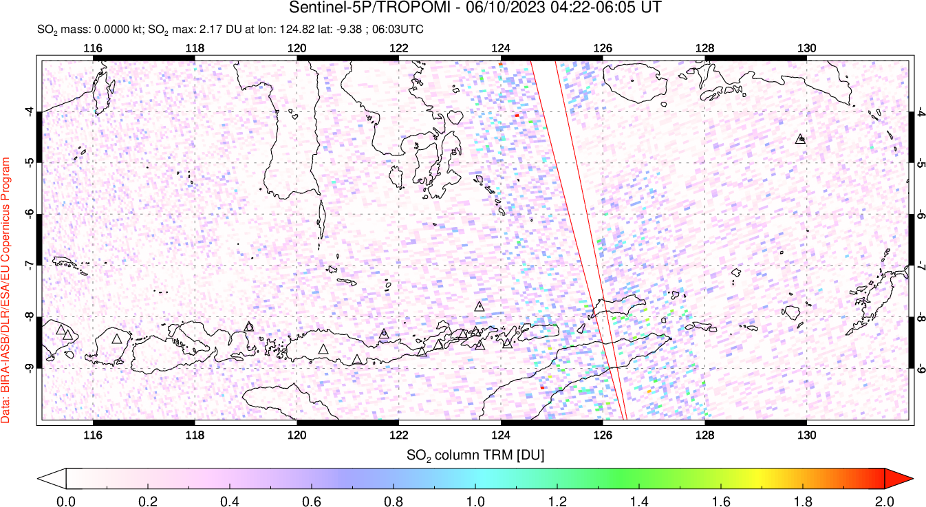 A sulfur dioxide image over Lesser Sunda Islands, Indonesia on Jun 10, 2023.